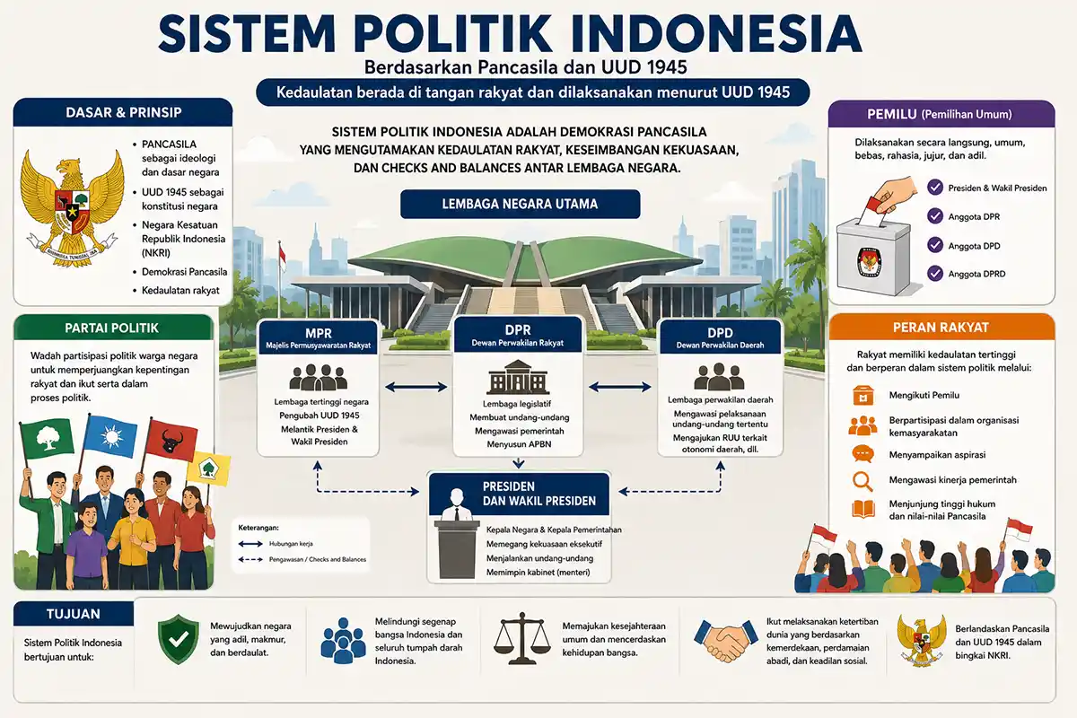 Bagan infografis sistem politik Indonesia yang merinci fungsi lembaga negara utama seperti MPR, DPR, DPD, Presiden, serta peran rakyat dan pemilu.