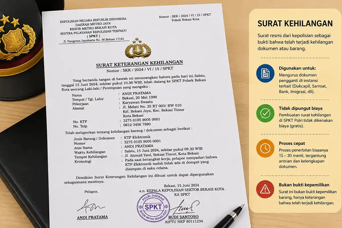 Contoh fisik dokumen Surat Keterangan Kehilangan resmi dari Kepolisian Sektor Polsek Bekasi Kota.