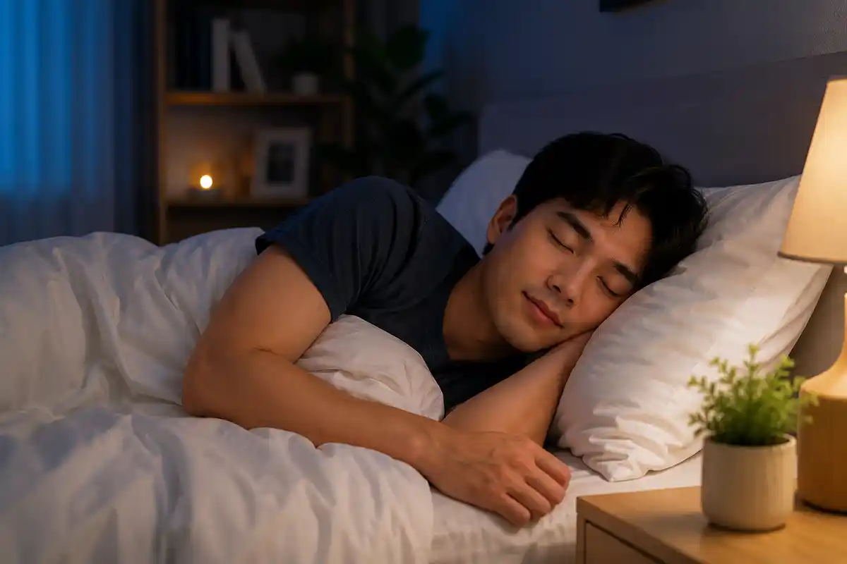 Seorang pria sedang tidur dengan nyenyak di bawah selimut pada kamar dengan pencahayaan lampu tidur yang hangat.