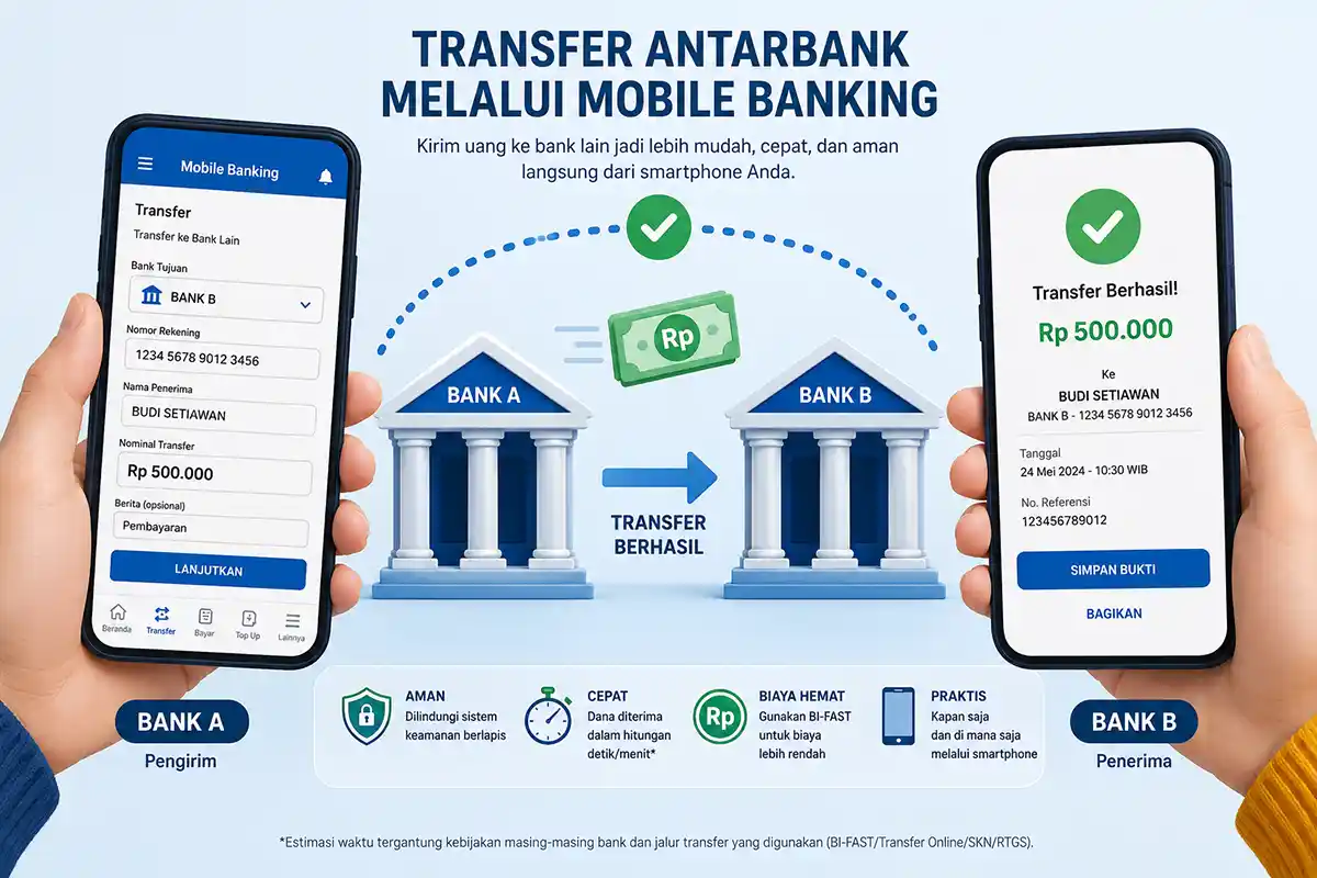 Ilustrasi transaksi transfer antarbank yang sukses menggunakan aplikasi mobile banking di smartphone.