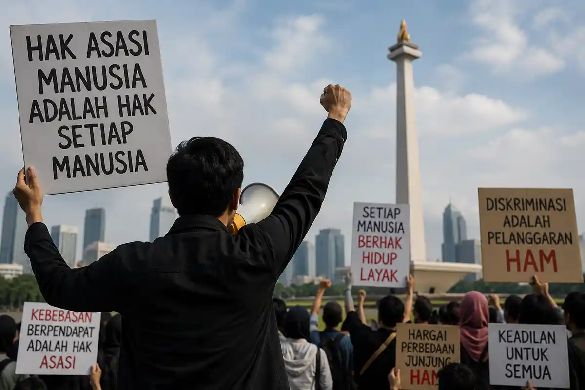 Massa aksi membawa poster tuntutan Hak Asasi Manusia di depan Monumen Nasional Jakarta.
