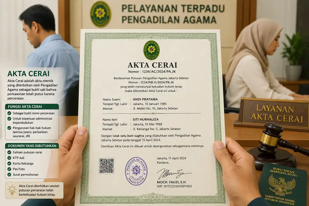 Infografis persyaratan dokumen dan contoh fisik Akta Cerai dari Pengadilan Agama.