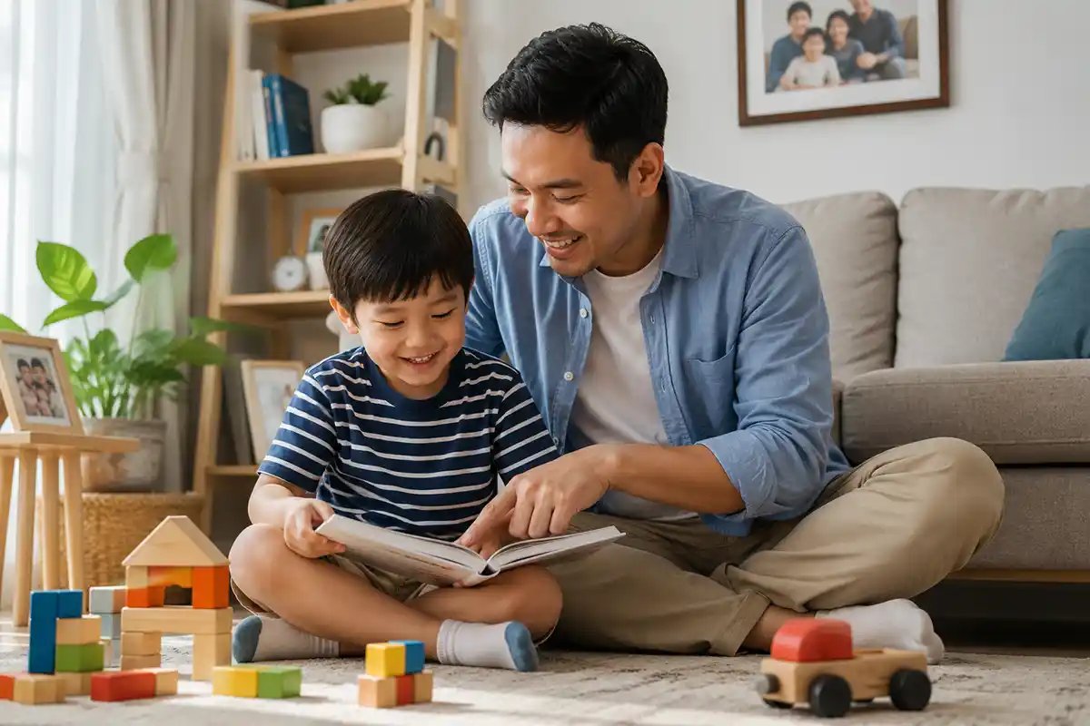Ayah sedang mendampingi anak laki-lakinya membaca buku di rumah.