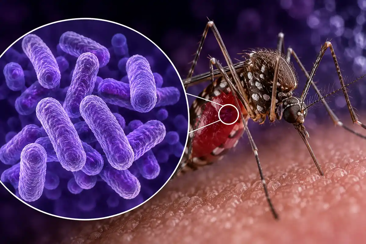 Ilustrasi makro nyamuk Aedes aegypti dan bakteri Wolbachia di bawah mikroskop.