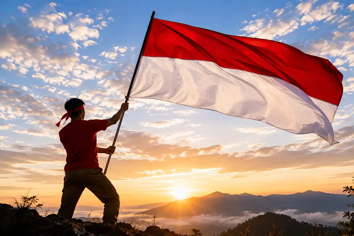 Seseorang mengibarkan bendera Merah Putih di puncak bukit saat matahari terbit.