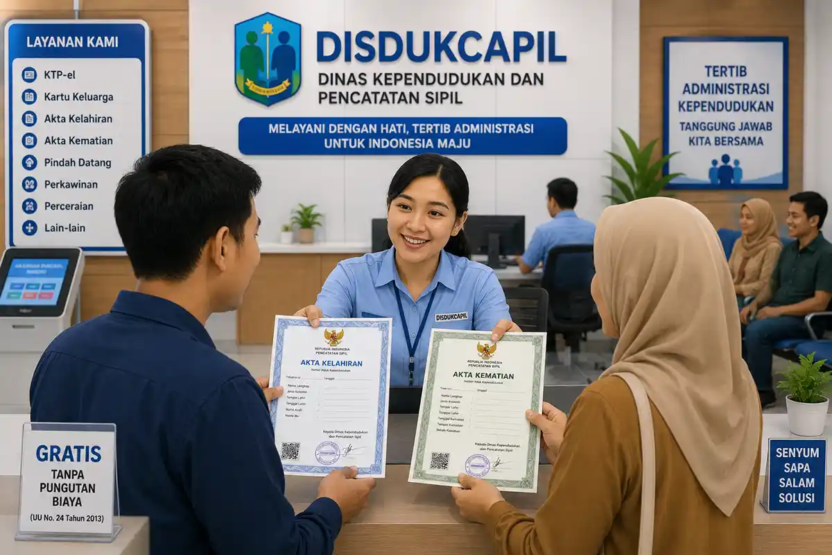 Petugas Disdukcapil menyerahkan dokumen Akta Kelahiran dan Akta Kematian kepada warga.