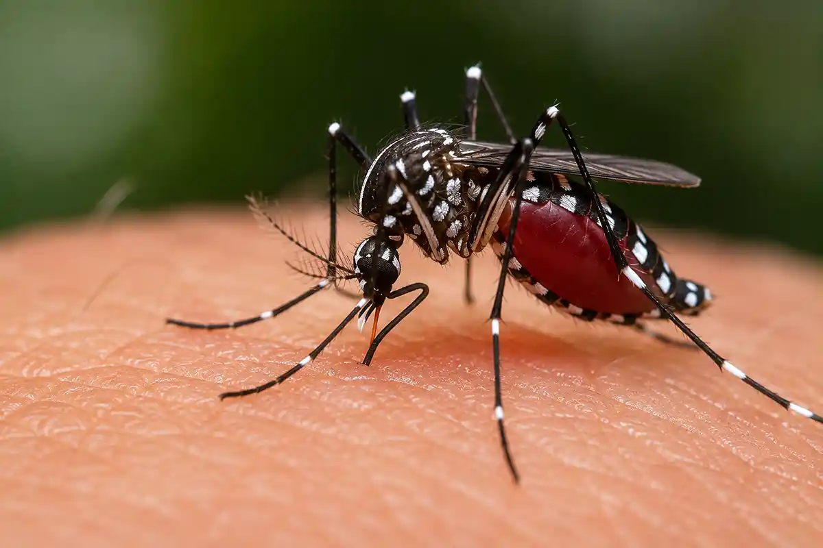 Foto makro nyamuk Aedes aegypti belang hitam putih sedang menggigit kulit manusia penyebab penyakit DBD.