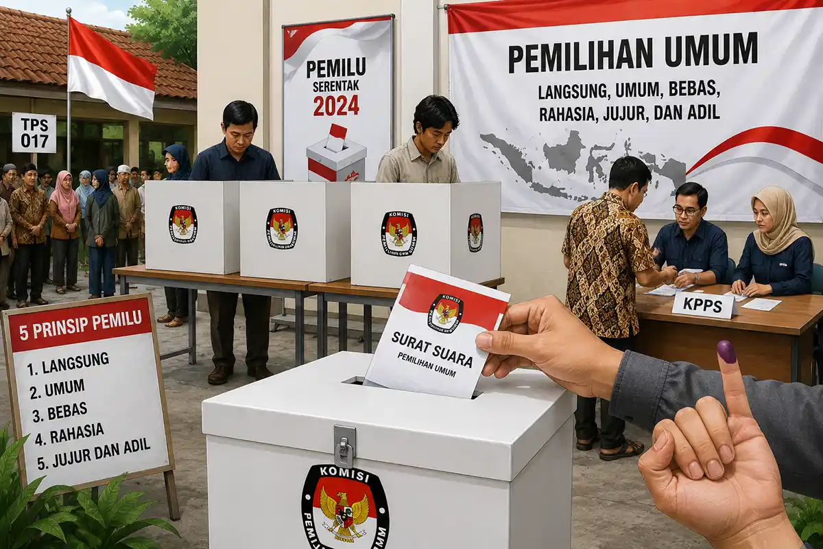 Proses memasukkan surat suara ke kotak suara KPU serta asas Pemilu Luber Jurdil.