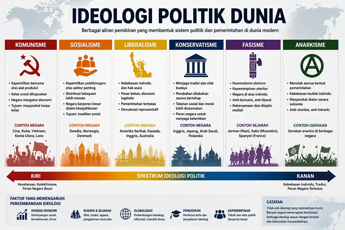 Infografis spektrum ideologi politik dunia dari sayap kiri hingga sayap kanan.