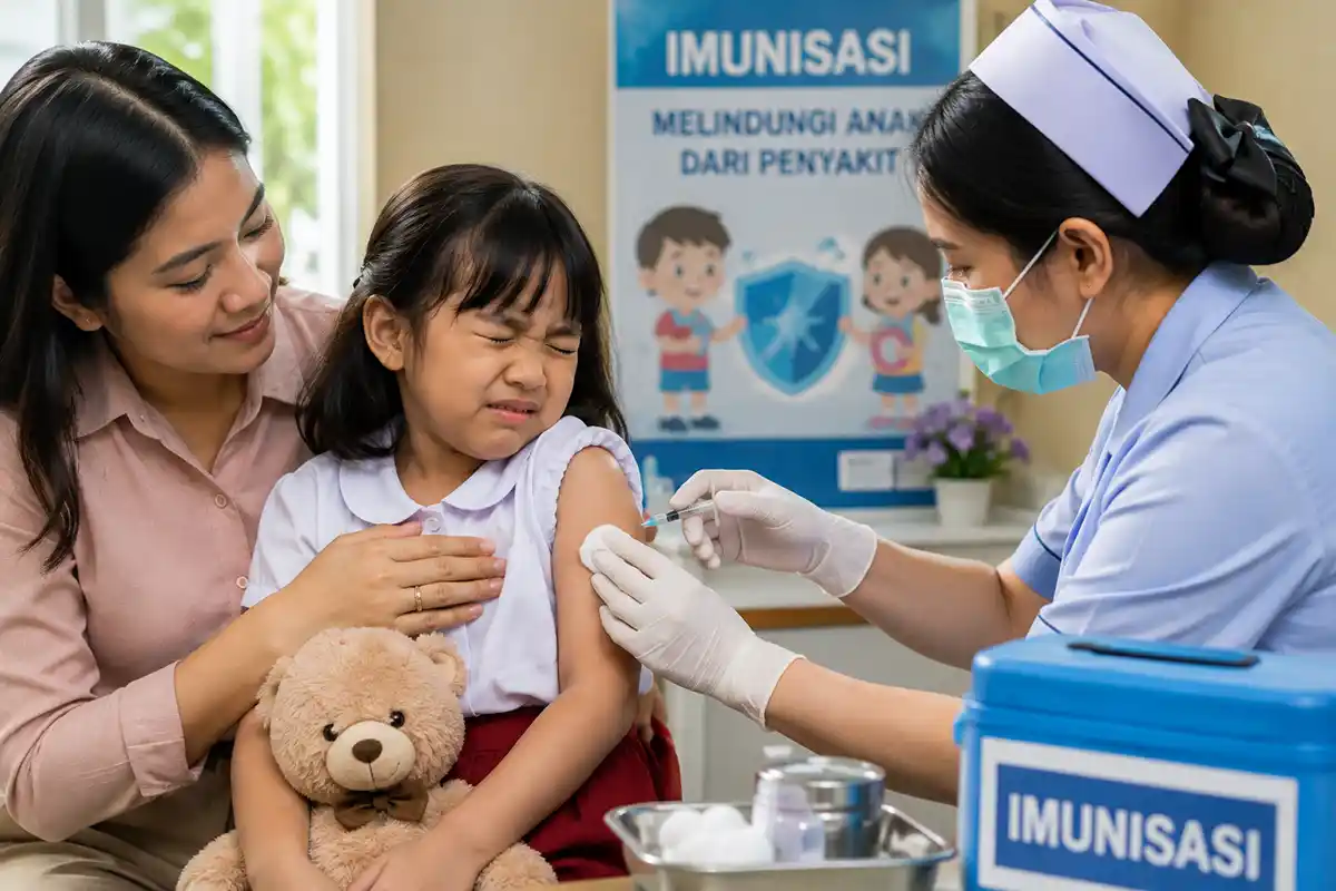 Seorang anak sedang menerima suntikan imunisasi dari perawat dengan didampingi ibunya.