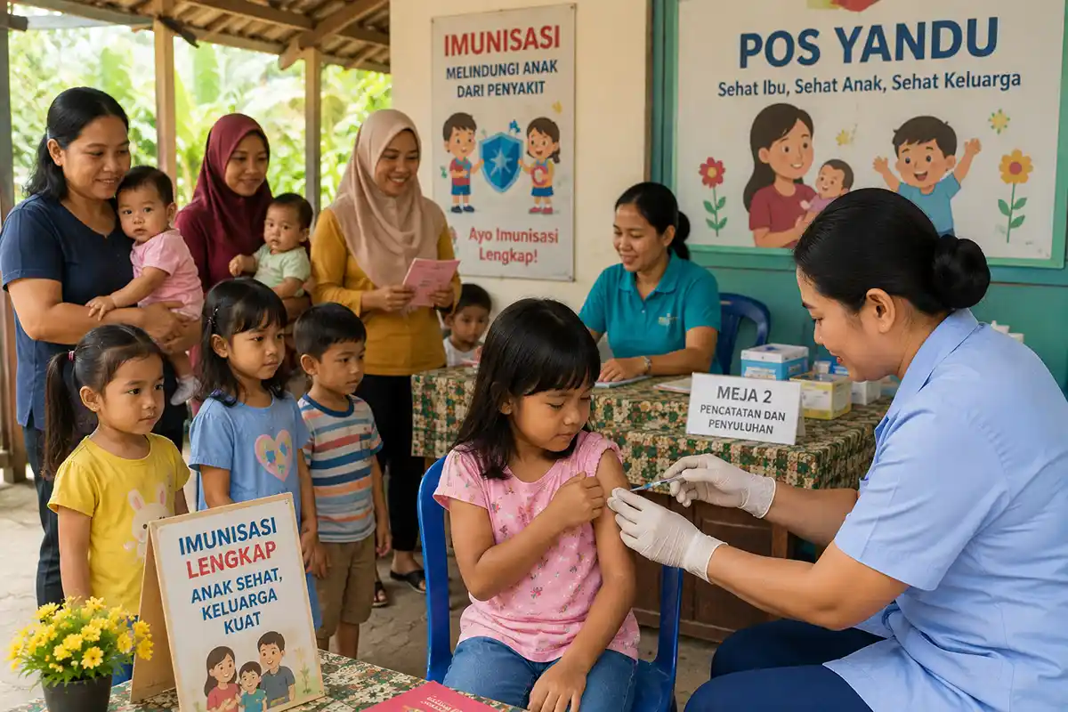 Suasana pelayanan imunisasi anak dan bayi di kegiatan Posyandu.