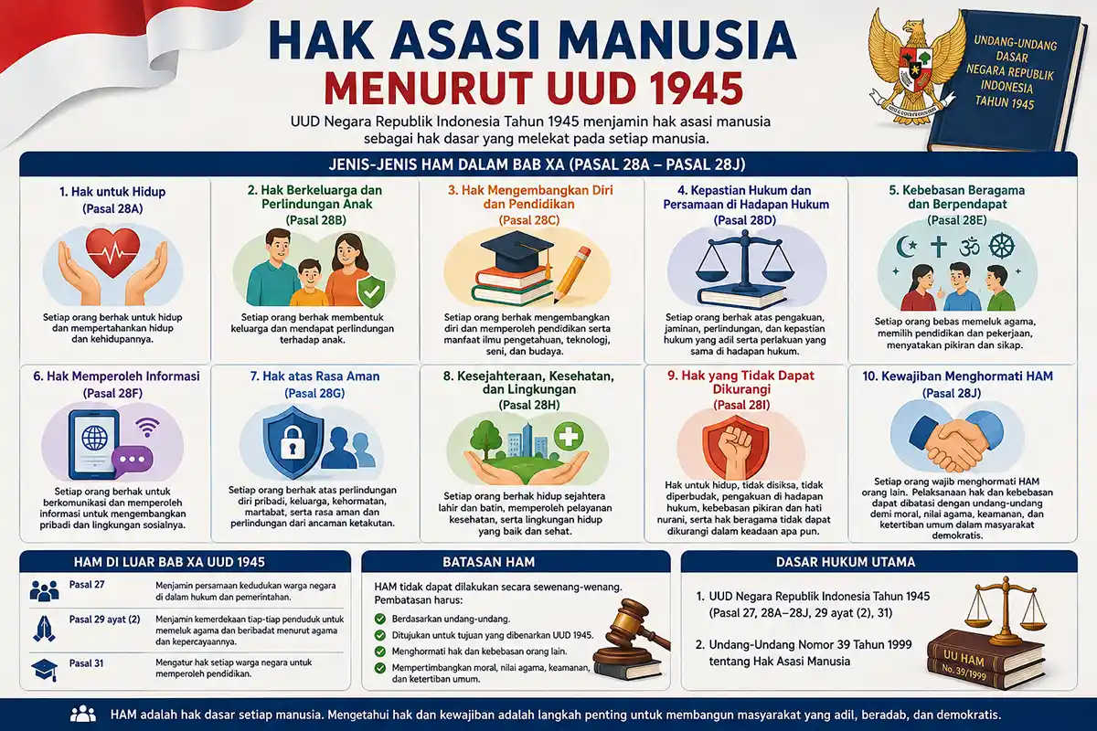 Infografis jaminan Hak Asasi Manusia menurut UUD 1945 Pasal 28A sampai 28J.