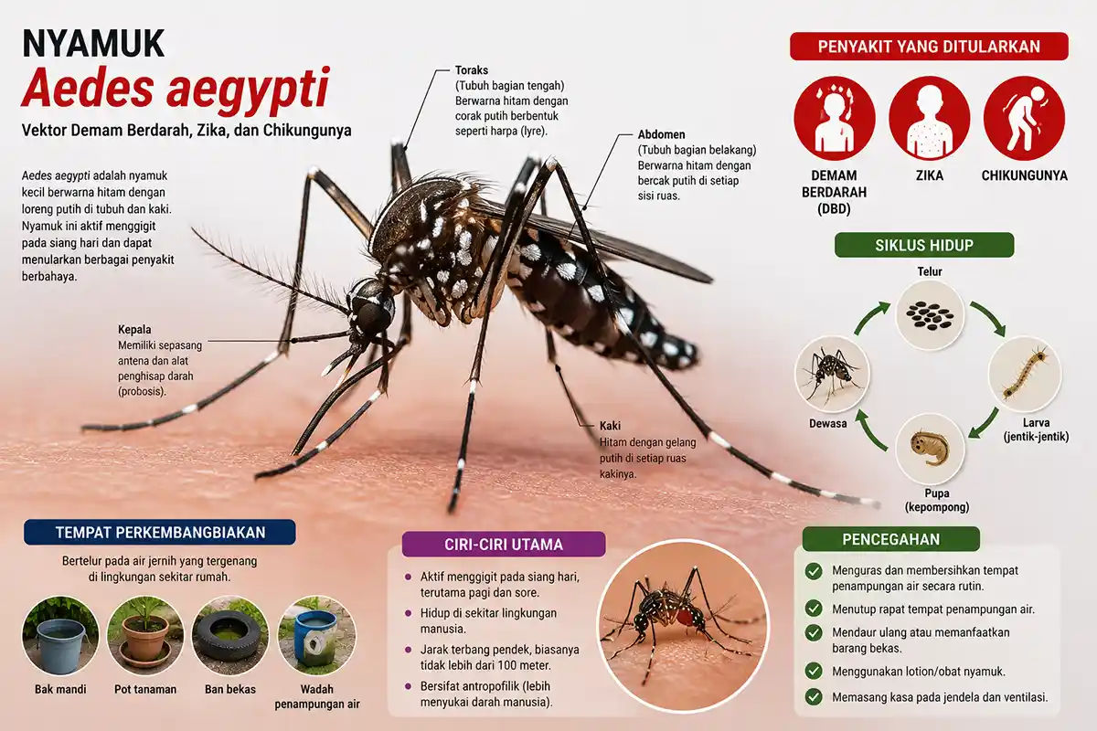 Infografis ciri nyamuk Aedes aegypti siklus hidup tempat bertelur dan cara pencegahan DBD.