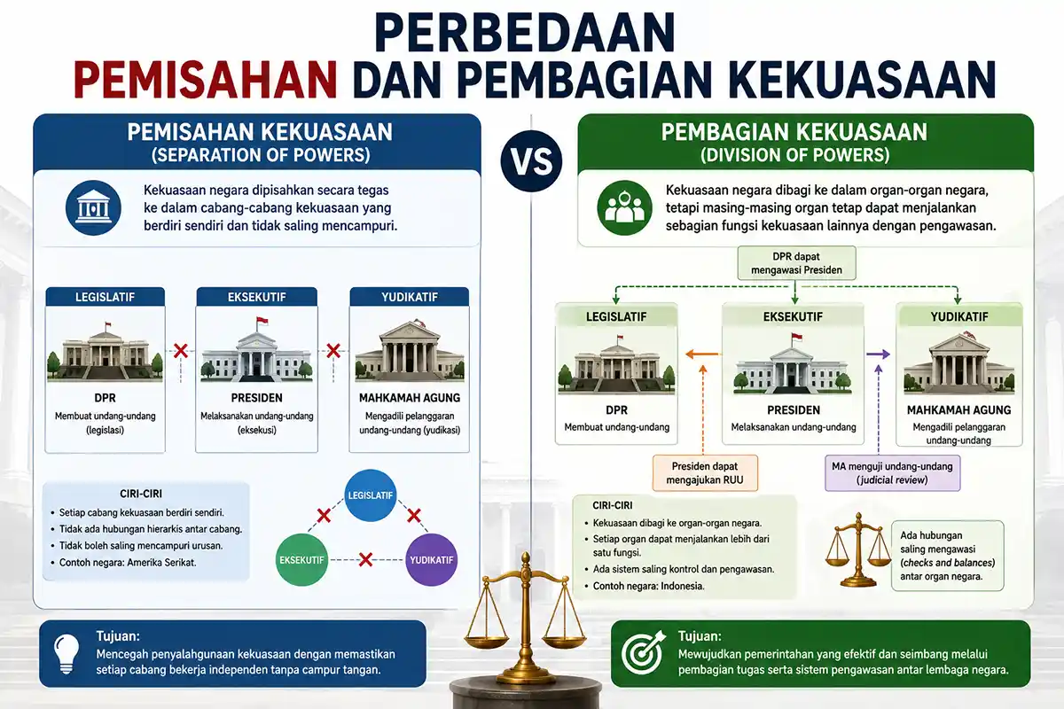 Infografis perbedaan pemisahan kekuasaan separation of powers dan pembagian kekuasaan division of powers.