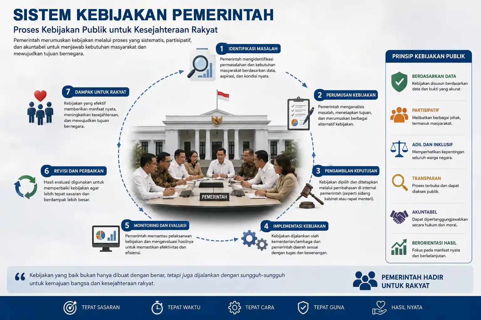 Infografis alur dan siklus proses kebijakan publik serta prinsip utamanya.