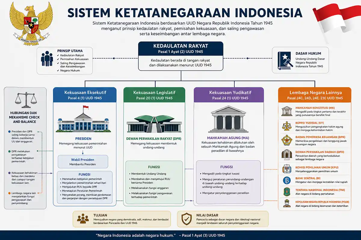 Infografis bagan sistem ketatanegaraan Indonesia, lembaga negara, dan fungsinya menurut UUD 1945.