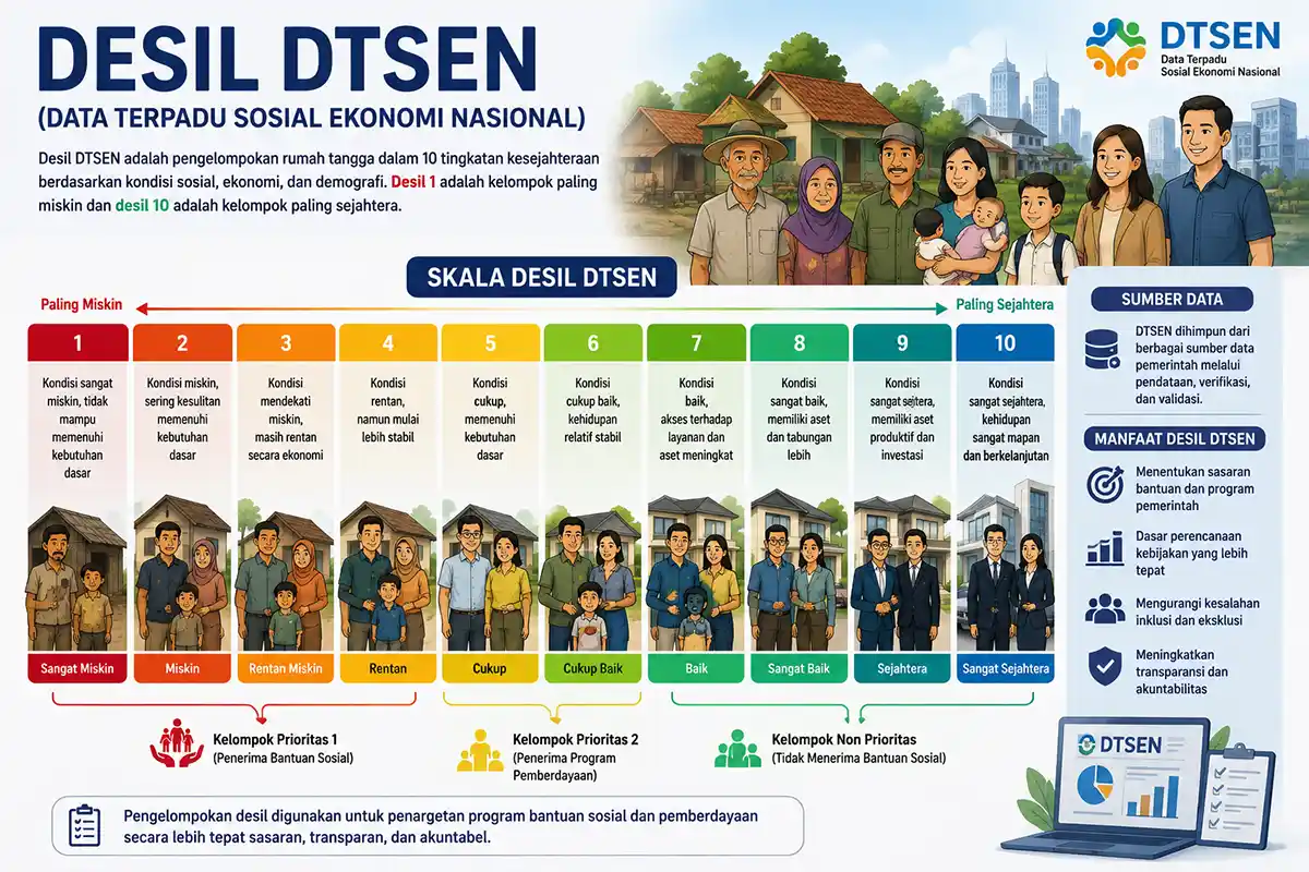 Infografis skala desil DTSEN Data Terpadu Sosial Ekonomi Nasional dari kelompok miskin hingga sejahtera.
