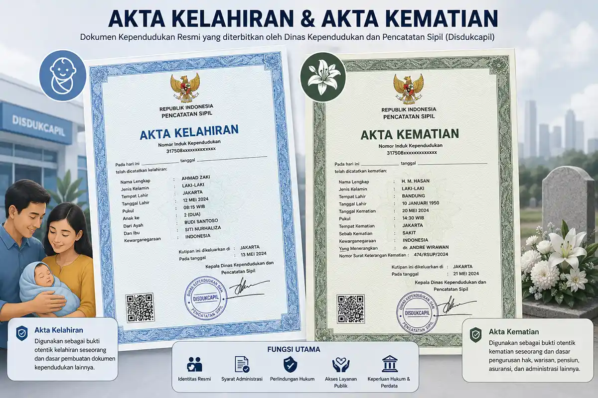 Infografis bentuk dokumen dan fungsi utama Akta Kelahiran serta Akta Kematian.