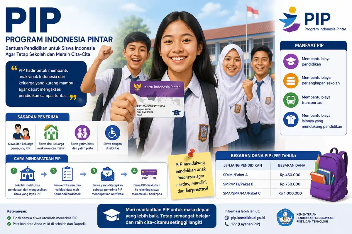 Infografis besaran dana, syarat penerima, dan alur pendaftaran PIP Kemendikbudristek.