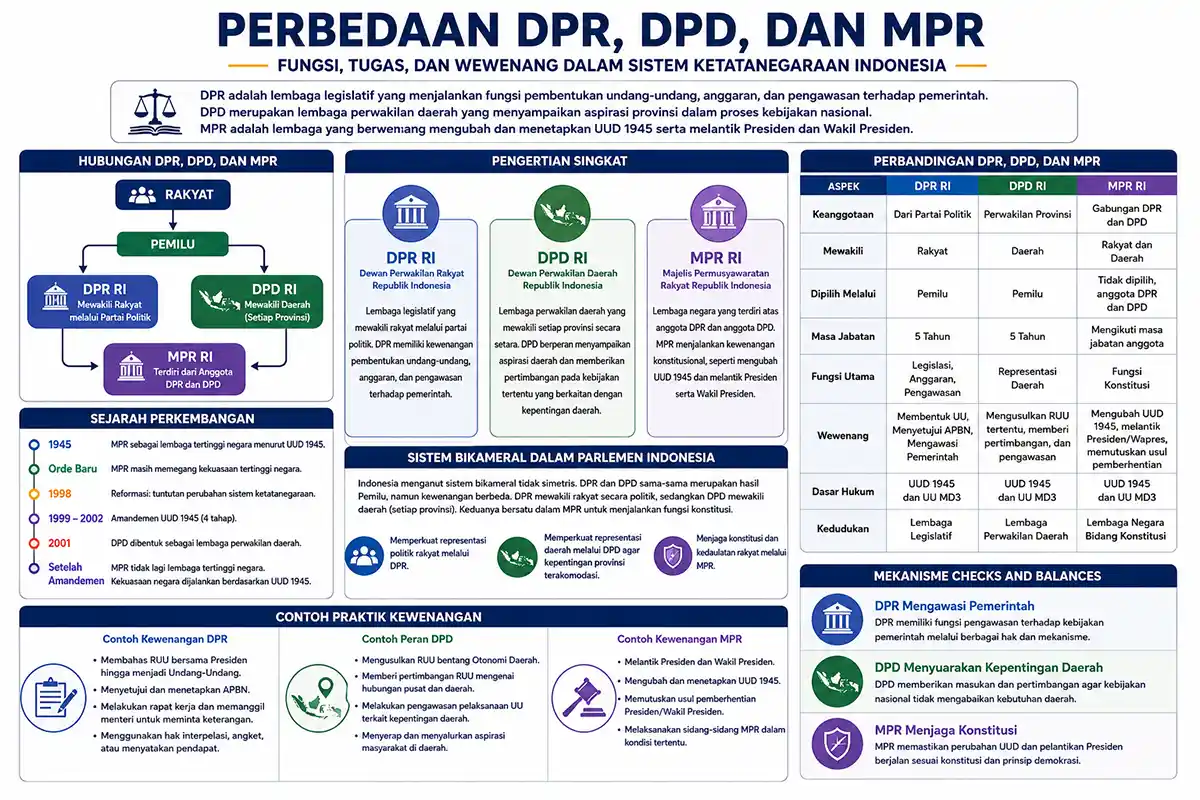 Infografis tabel perbandingan perbedaan fungsi tugas wewenang DPR DPD dan MPR RI.