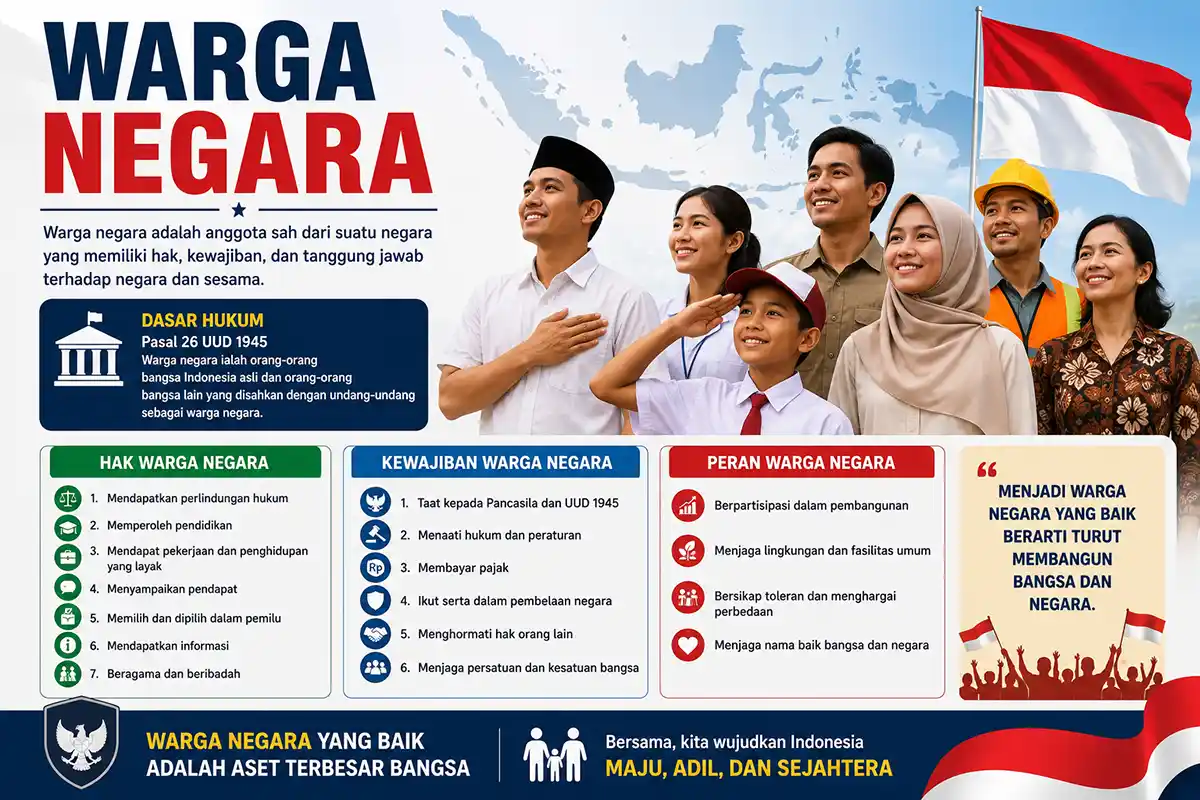 Infografis hak dan kewajiban warga negara Indonesia menurut UUD 1945.