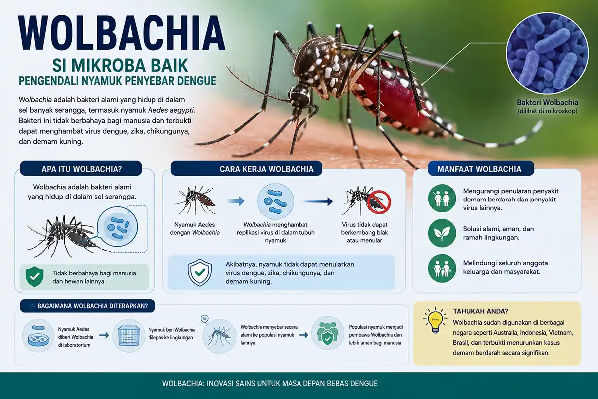 Infografis pengertian, cara kerja, dan manfaat bakteri Wolbachia dalam mengendalikan demam berdarah dengue.