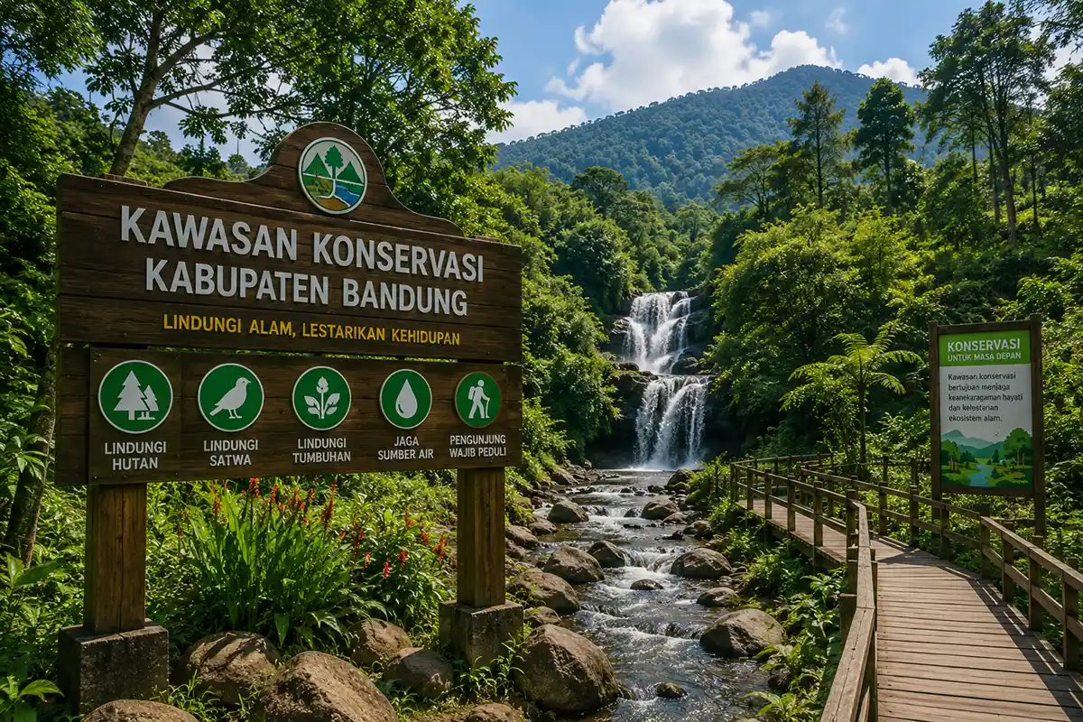 Papan kayu bertuliskan Kawasan Konservasi Kabupaten Bandung dengan latar belakang air terjun dan hutan rindang.