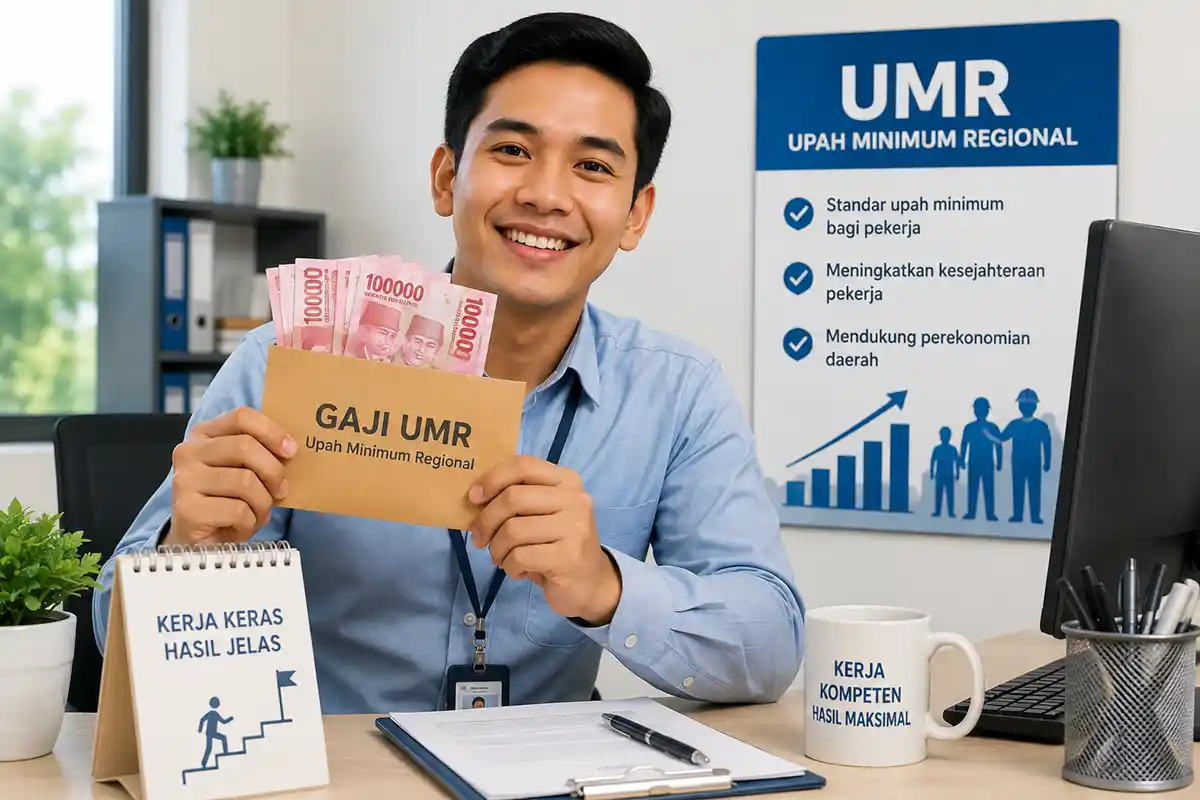 Karyawan menerima amplop gaji UMR dan merencanakan keuangan di meja kerja.