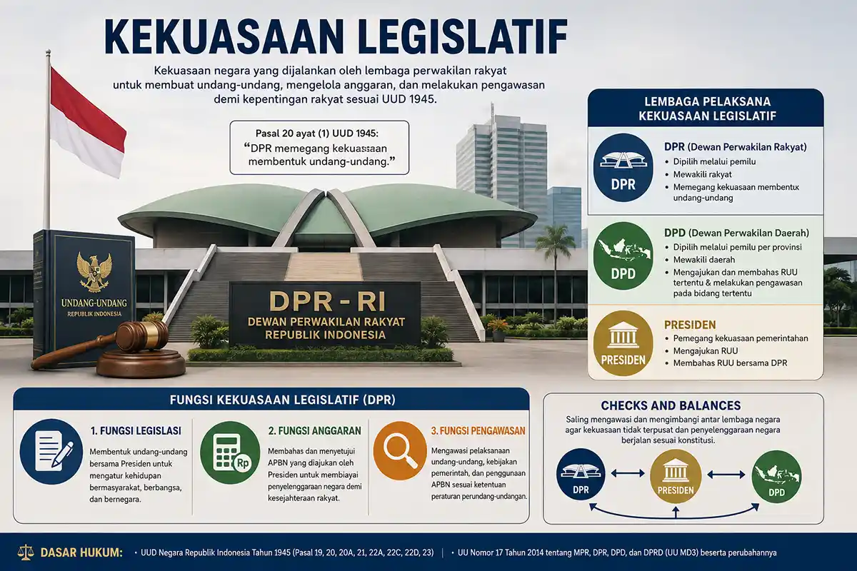 Infografis pengertian fungsi dan peran kekuasaan legislatif di Indonesia.