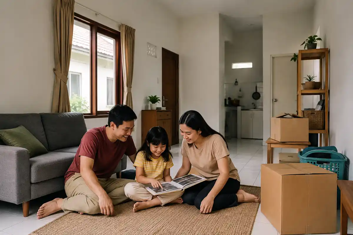 Satu keluarga bahagia duduk bersama di lantai ruang tamu dekat kardus pindahan rumah.