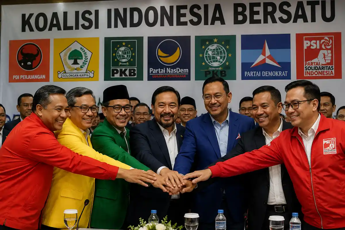 Para pemimpin partai politik saling menyatukan tangan sebagai simbol koalisi politik.