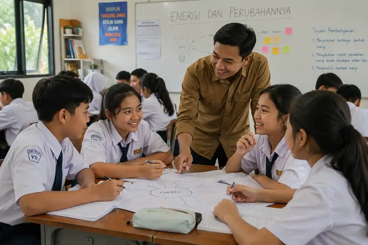 Guru laki-laki sedang mendampingi siswa SMP berdiskusi kelompok di dalam kelas.