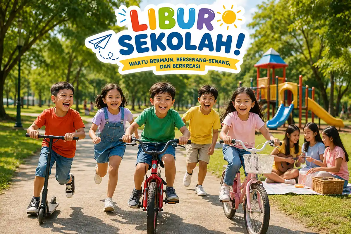 Anak-anak sekolah bergembira bermain sepeda dan otopet saat libur sekolah.