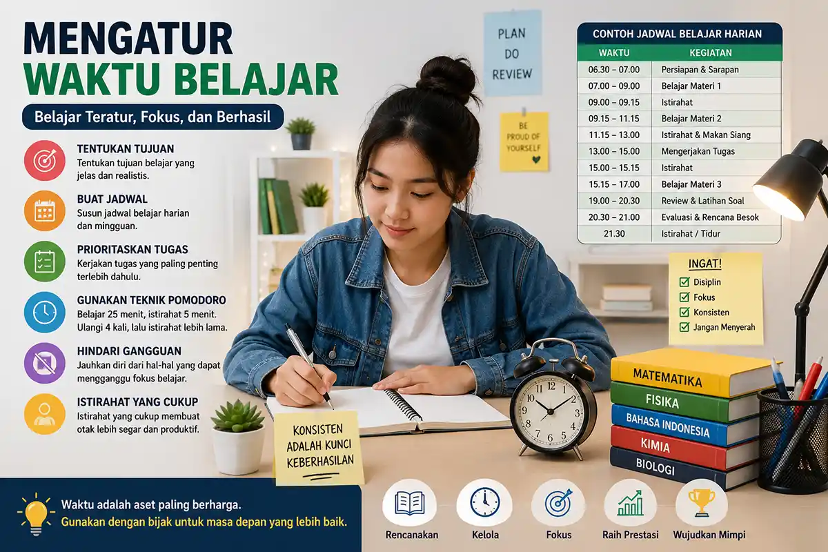 Infografis tips dan contoh jadwal harian cara mengatur waktu belajar.