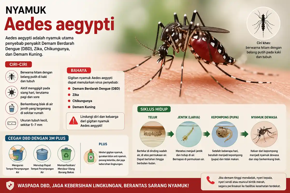 Infografis edukasi bahaya nyamuk Aedes aegypti, siklus hidup nyamuk, dan langkah pencegahan DBD 3M Plus.