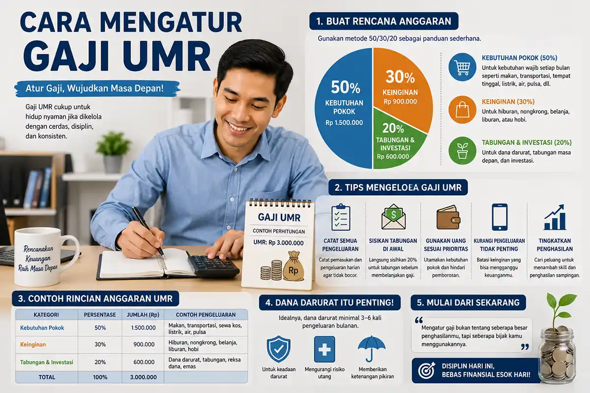 Infografis cara mengatur gaji UMR dengan metode alokasi anggaran 50 30 20.