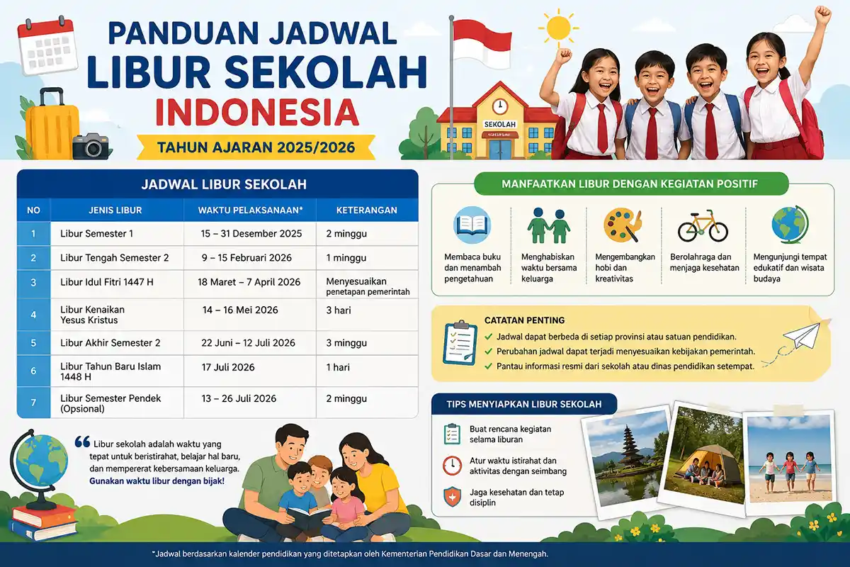 Infografis kalender dan jadwal libur sekolah Indonesia tahun ajaran 2025/2026.