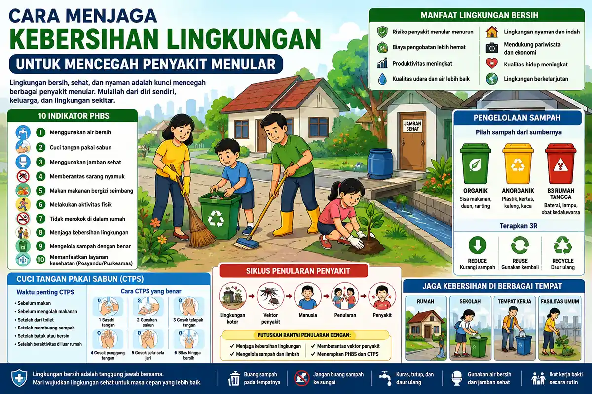 Infografis cara menjaga kebersihan lingkungan, indikator PHBS, dan pencegahan penyakit menular.