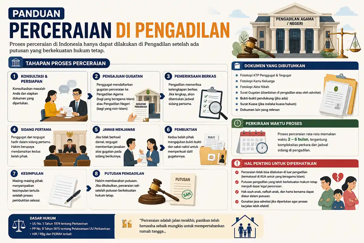Infografis panduan lengkap alur prosedur dan syarat dokumen perceraian di pengadilan.