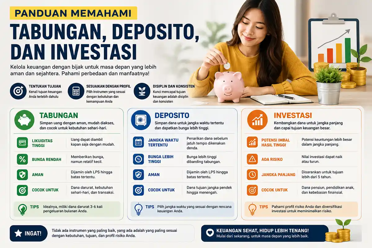 Infografis panduan dan perbandingan tabungan, deposito, serta investasi untuk pemula.