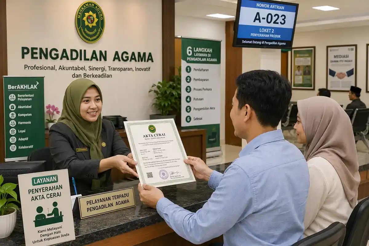 Petugas loket Pelayanan Terpadu Pengadilan Agama menyerahkan dokumen Akta Cerai kepada pemohon.