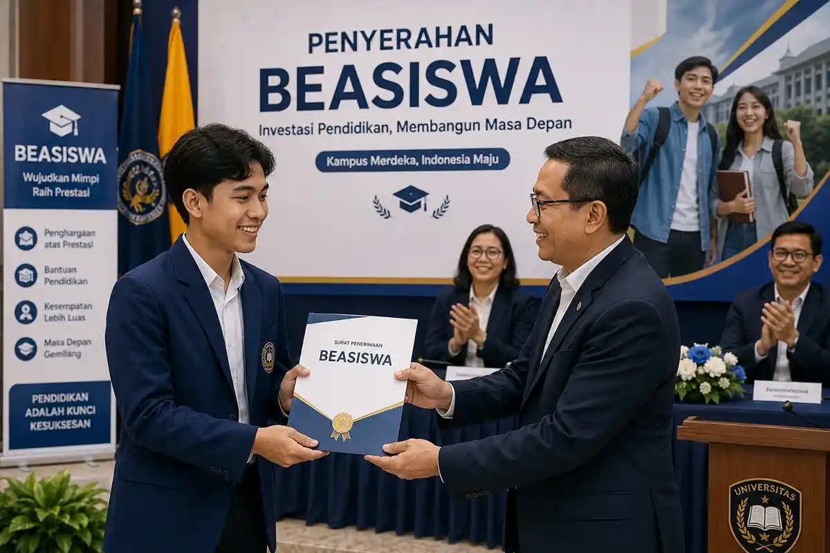 Mahasiswa menerima surat penyerahan beasiswa sebagai bukti lolos seleksi.