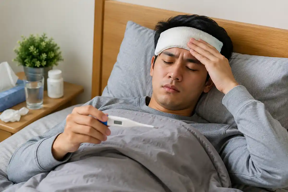 Seorang pria terbaring sakit di tempat tidur dengan kompres di dahi sambil memegang termometer digital.