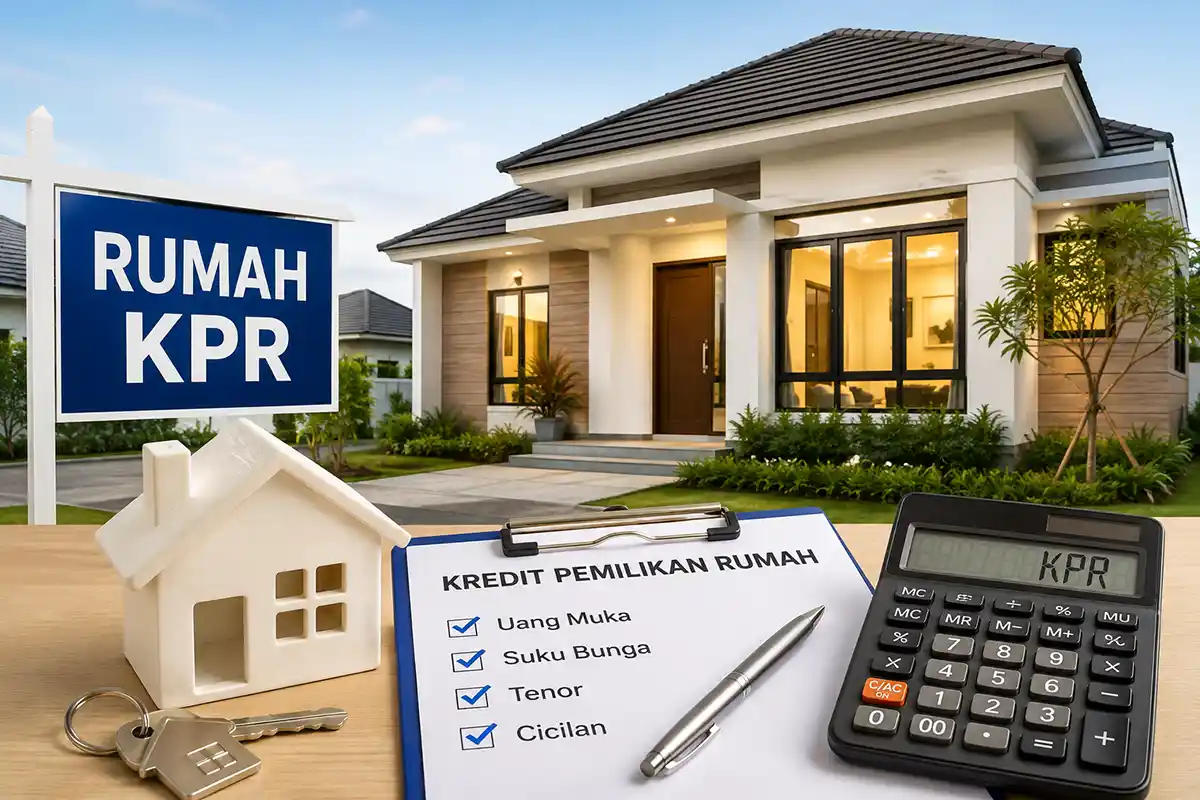 Dokumen Kredit Pemilikan Rumah KPR lengkap dengan kalkulator, kunci, dan ilustrasi rumah.