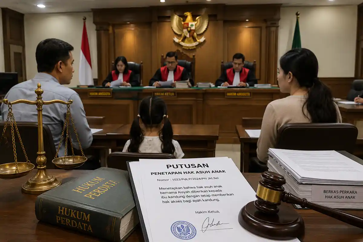 Dokumen putusan penetapan hak asuh anak di persidangan pengadilan agama atau negeri.
