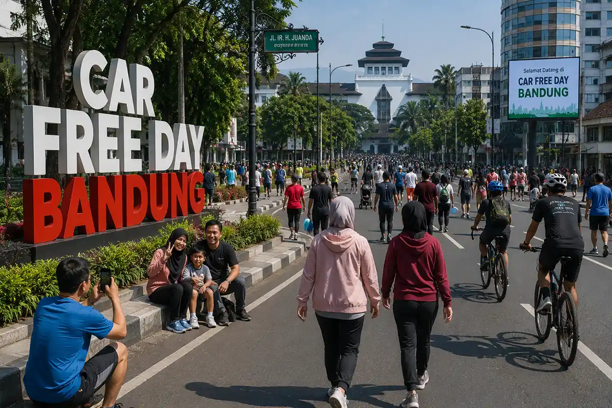 Suasana Car Free Day Bandung dengan latar belakang Gedung Sate dan tulisan Car Free Day Bandung.