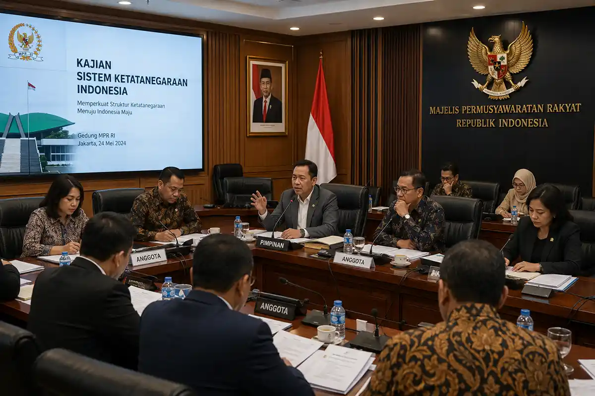 Foto suasana rapat pimpinan dan anggota MPR RI membahas kajian sistem ketatanegaraan Indonesia.