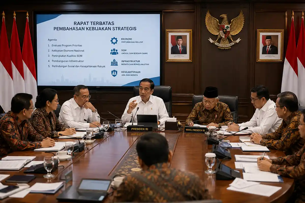 Suasana rapat terbatas pembahasan kebijakan strategis pemerintah yang dipimpin Presiden.