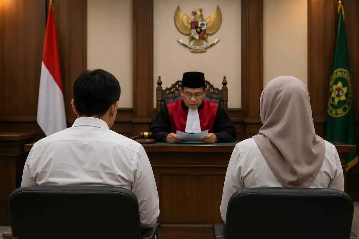 Suasana proses persidangan perceraian di depan hakim Pengadilan Agama.