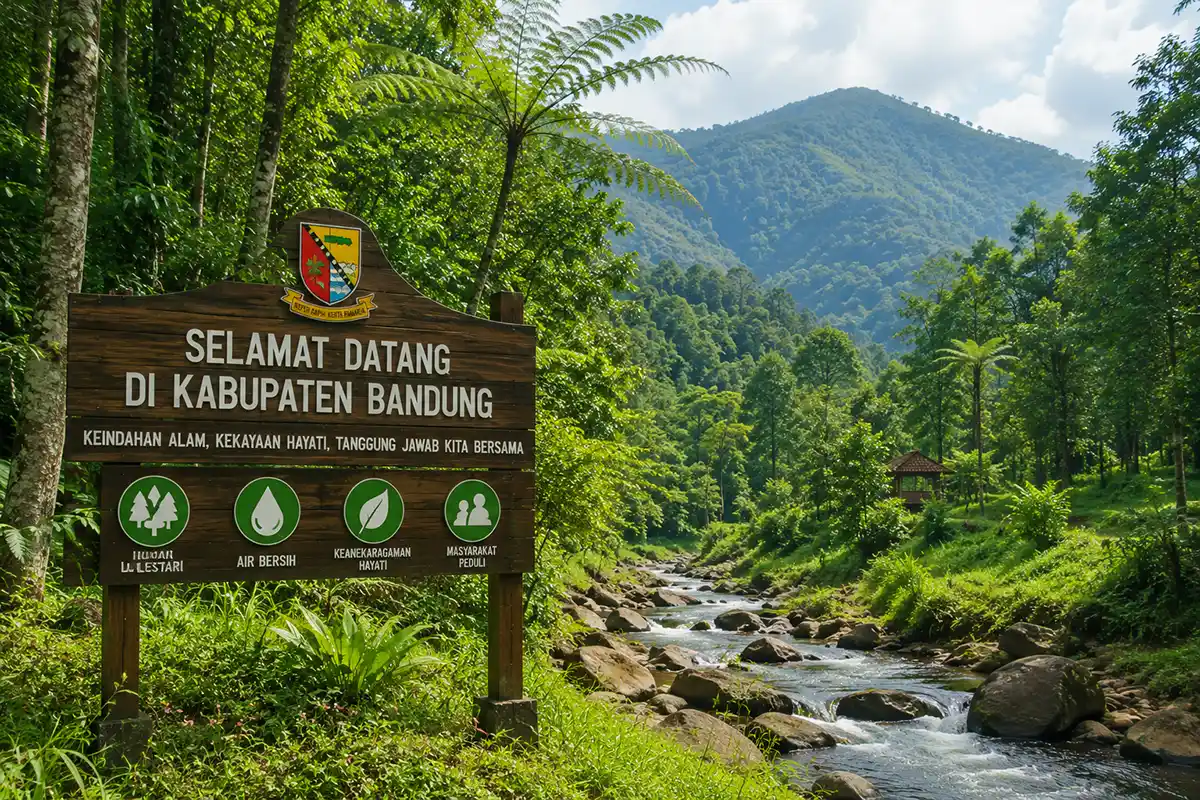 Papan ucapan selamat datang di Kabupaten Bandung di tepi aliran sungai jernih dan pegunungan.